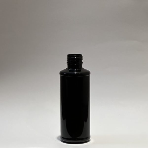 بطری پت 120 میلی‌لیتر مشکی لیبل‌دار از جنس PET با طراحی شیک و مقاوم