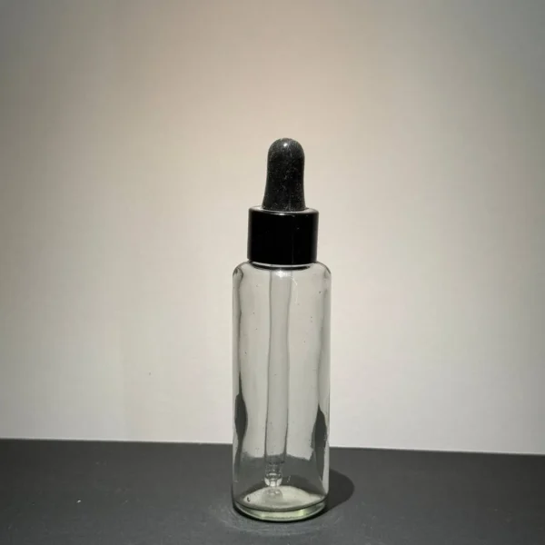 شیشه ۶۰ میل شفاف با قطره‌چکان مشکی ، مناسب برای بسته‌بندی اسانس، روغن گیاهی و عطر.