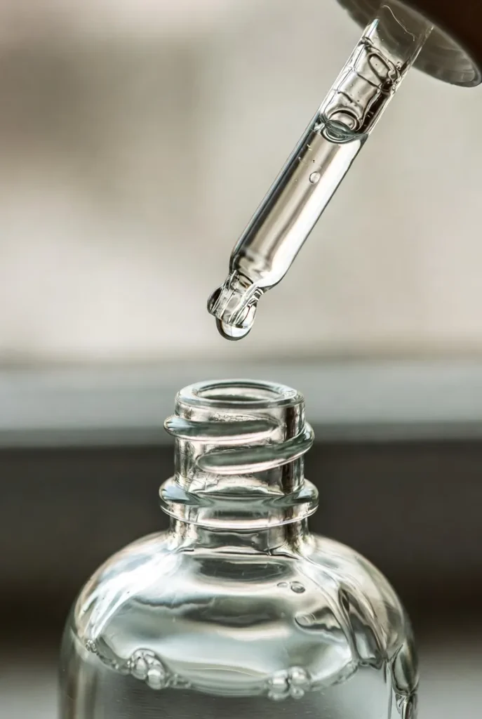 عکس کلوزآپ از شیشه قطره‌چکان بوروسیلیکات با پیپت شیشه‌ای – مناسب محصولات آرایشی